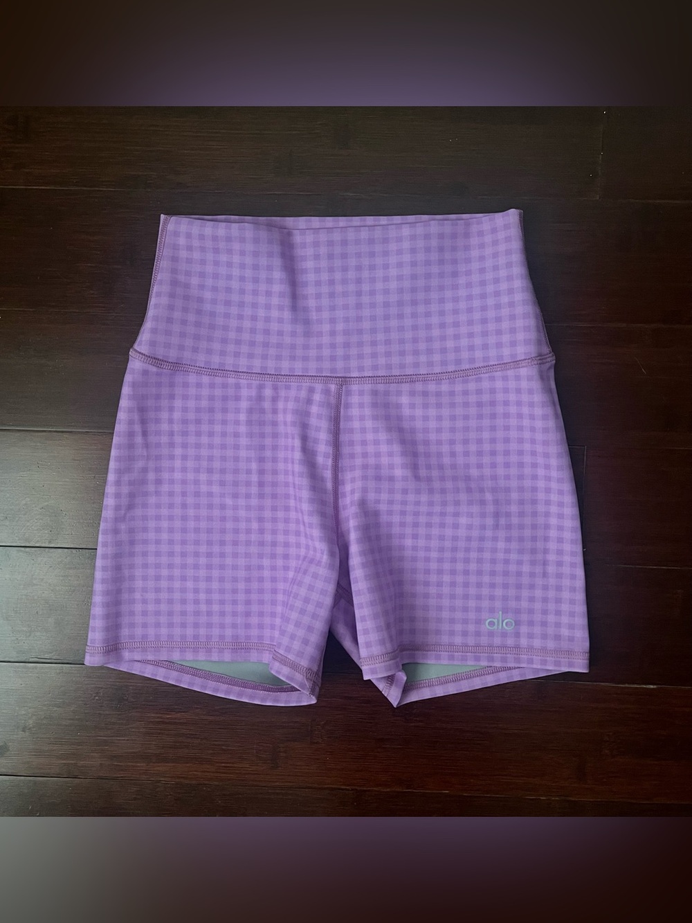 ALO Yoga High-Waist Purple Gingham Bike Shorts